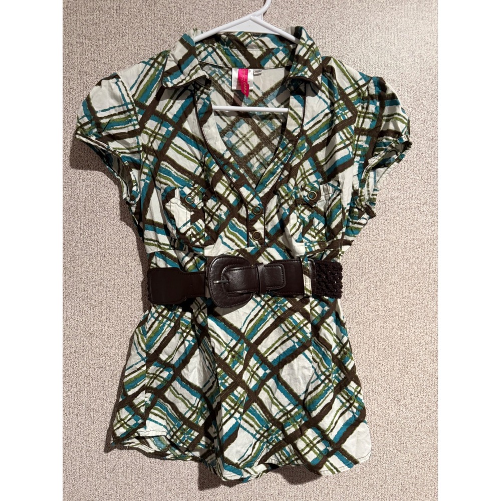 Heart Soul Womens Plaid Belted Button Up Blouse Green Teal Brown Size M
